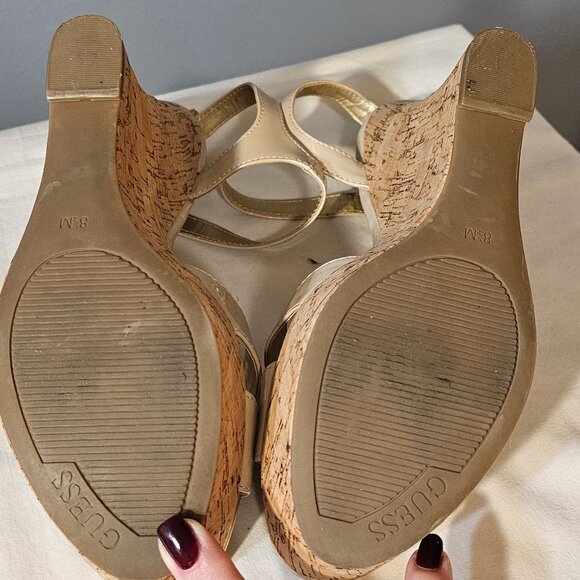 GUESS Tan Patent Leather Platform Cork Sandals - Picture 12 of 12